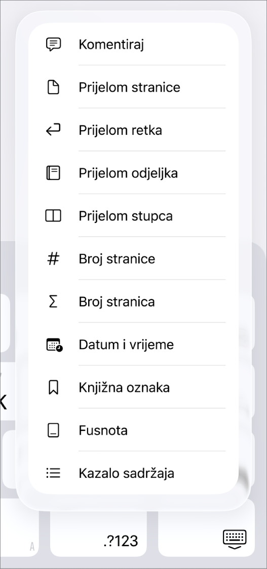 Traka prečaca s otvorenim kontrolama umetanja poviše tipke Umetni.