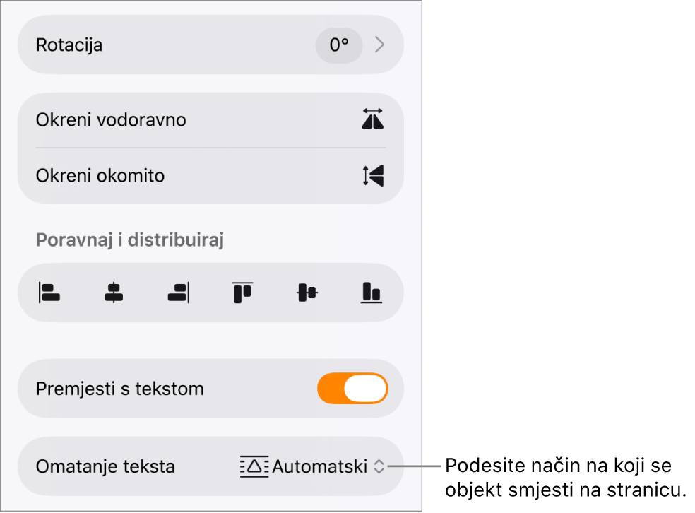 Kontrole formatiranja s odabranom karticom Razmjesti i kontrolama za opcije Pomakni natrag/naprijed, Pomiči uz tekst i Omatanje teksta.