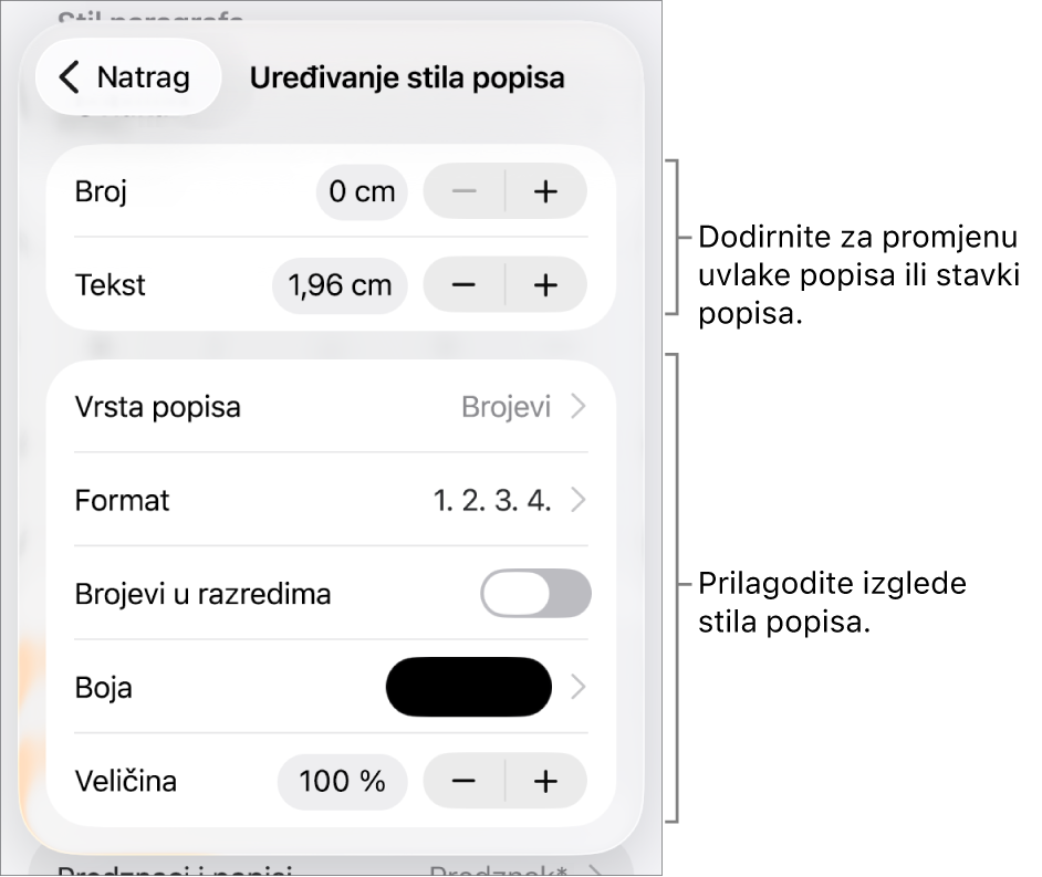 Uredite izbornik Stil popisa s kontrolama za uvučeni razmak, vrstu popisa i format, hijerarhiju brojeva, boju popisa i veličinu te nastavak numeriranja.