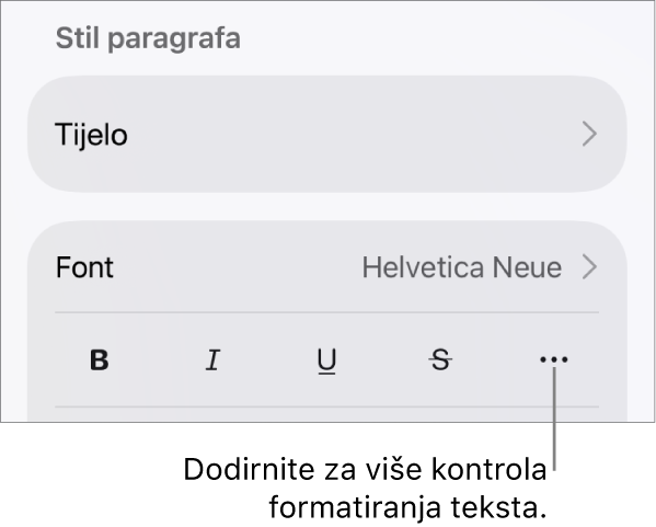 Kartica Tekst u kontrolama formatiranja, s oblačićem na tipku Dodatne opcije teksta.