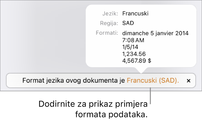 Obavijest o postavci drugog jezika i regije, pokazuje primjere formatiranja na tom jeziku i u toj regiji.