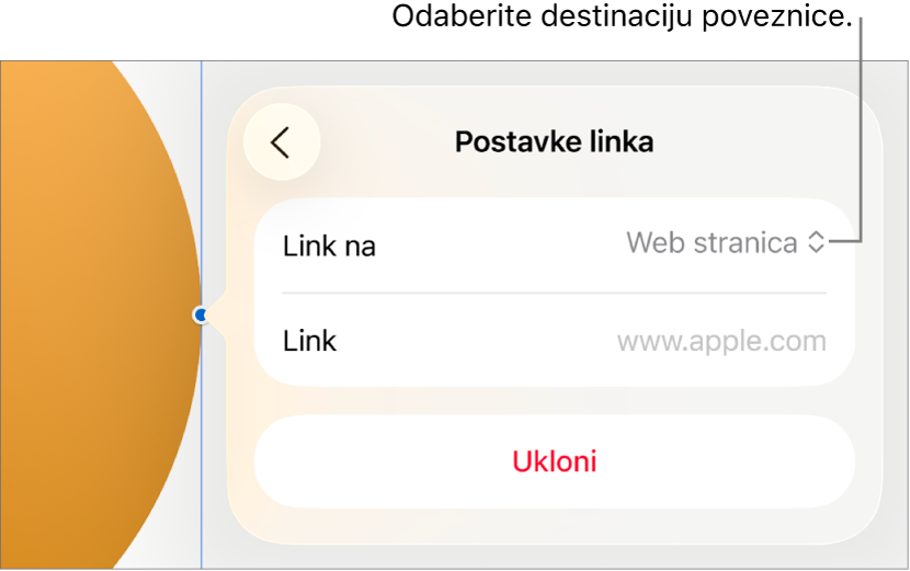 Kontrole Postavke linka s odabranom opcijom Web stranica, tipka Ukloni nalazi se na dnu.