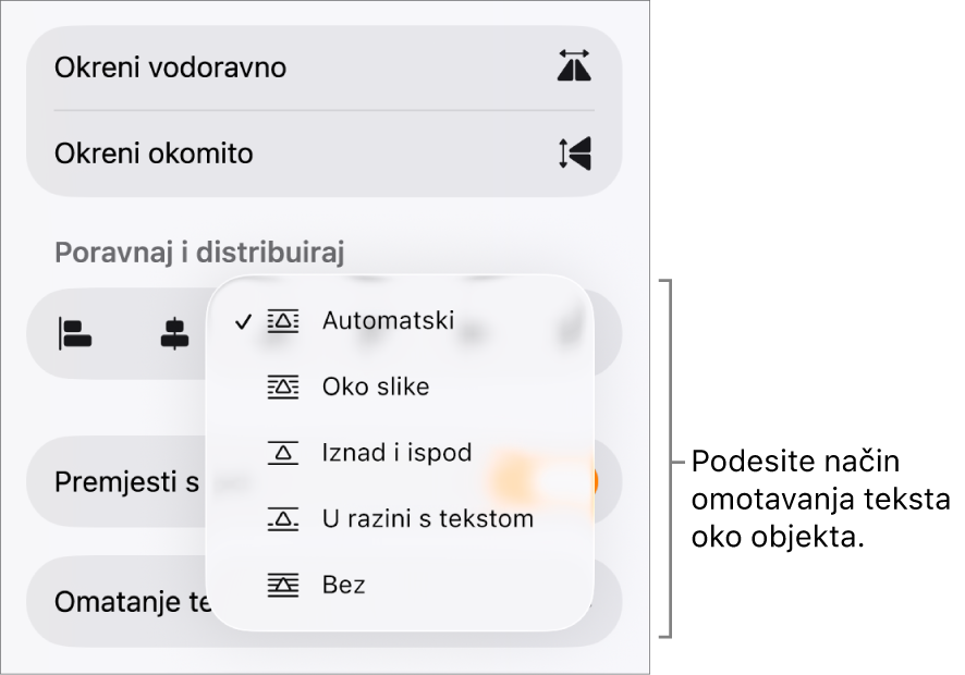 Kontrole formatiranja s odabranom karticom Razmjesti. Ispod se nalaze kontrole za Omatanje teksta uz Pomakni natrag/naprijed, Pomiči uz tekst i Omatanje teksta.