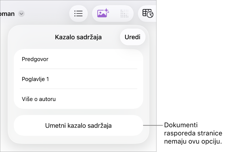 Prikaz kazala sadržaja s opcijom Uredi u gornjem desnom kutu, unosima u kazalo sadržaja i tipkom Umetni kazalo sadržaja na dnu.