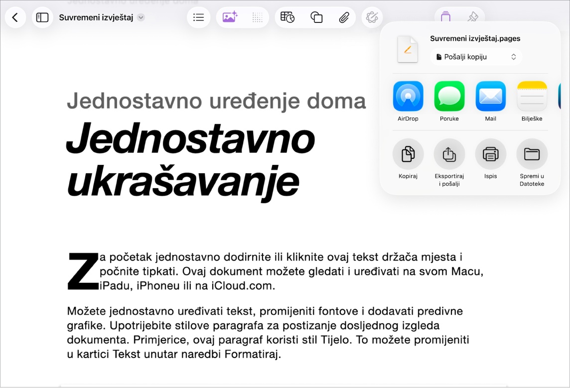 U radnom dokumentu s otvorenim opcijama za Podijeli ili Eksportiraj.