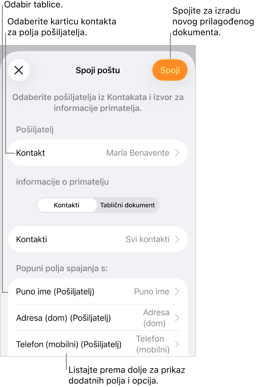 Otvoren je prozor spajanja pošte, s opcijama za odabir informacija o pošiljatelju, promjenu izvorišne datoteke ili tablice, pretpregled naziva polja spajanja ili pojedinačnih zapisa ili spajanje dokumenta.