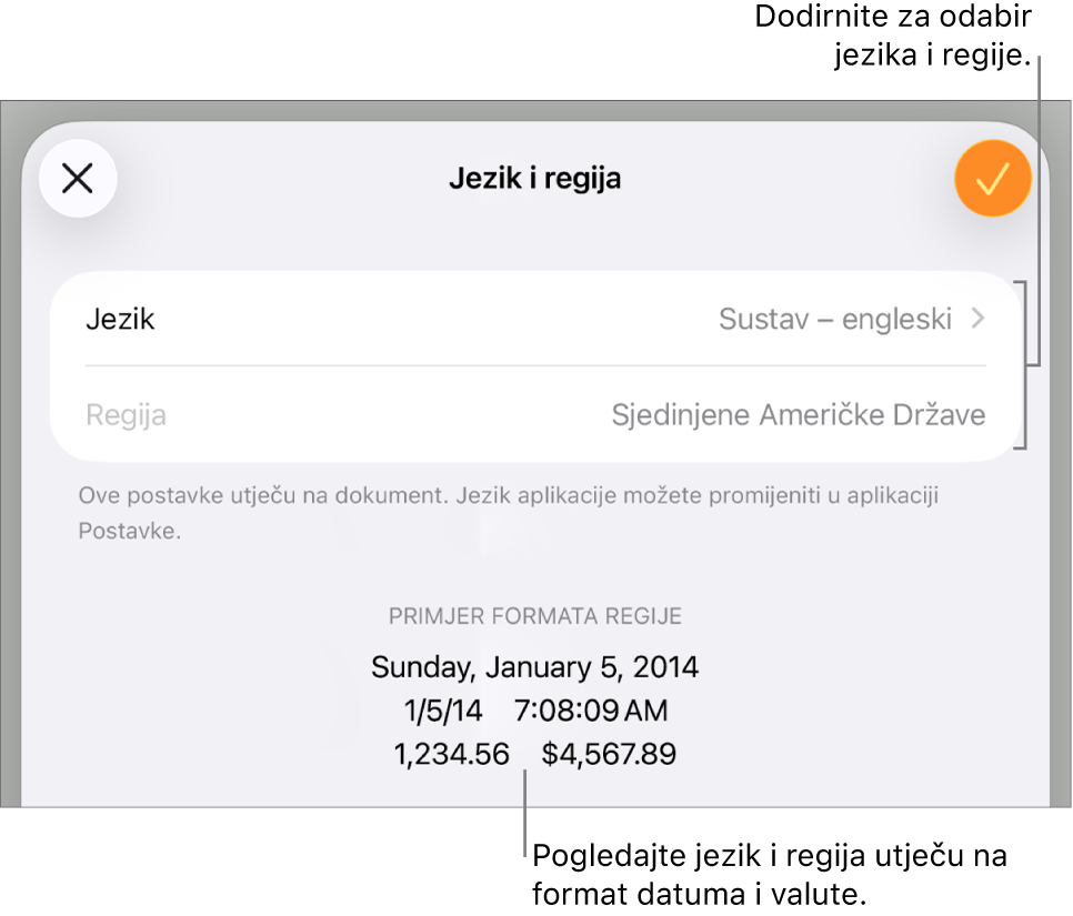 Prozor Jezik i regija s kontrolama za jezik i regiju te primjer formatiranja uključujući datum, vrijeme, decimalu i valutu.