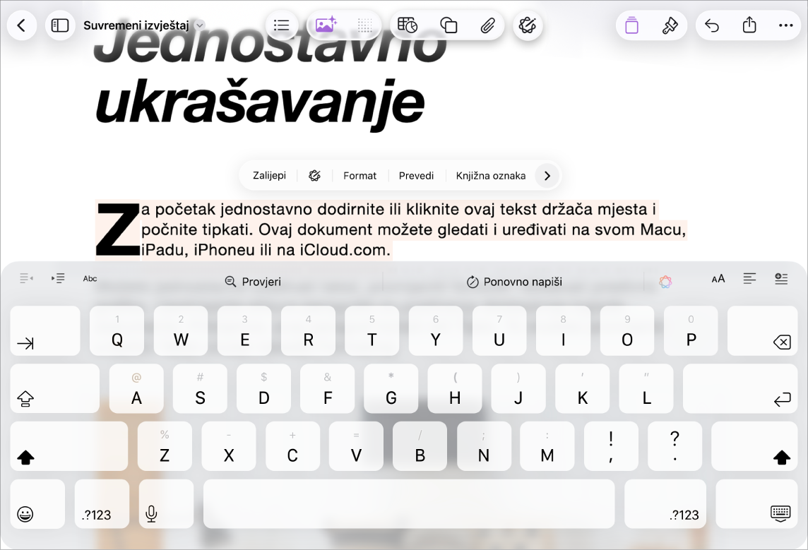 Dokument aplikacije Pages otvoren s odabranim držačem mjesta za tekst.