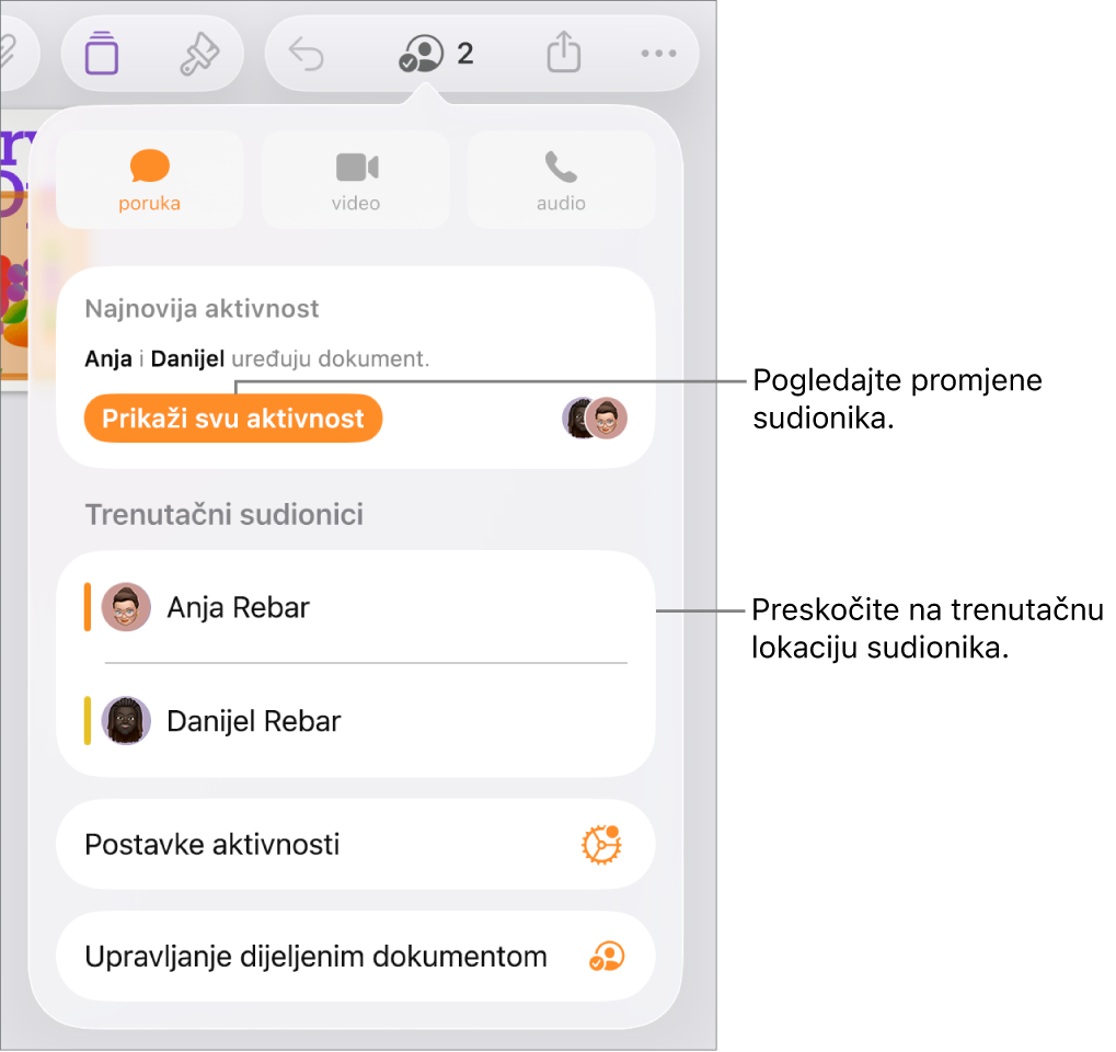 Izbornik suradnje s trenutačnim sudionicima na popisu.