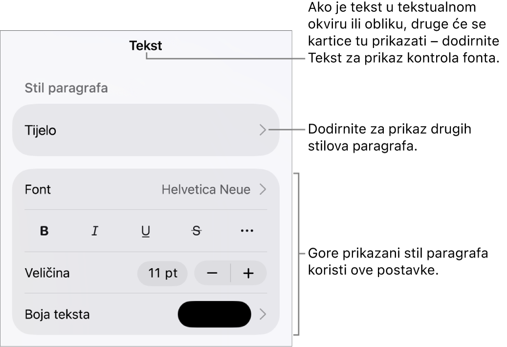 Izbornik Formatiraj s prikazom kontrola teksta za postavljanje paragrafa i stilova paragrafa, fonta, veličine i boje.