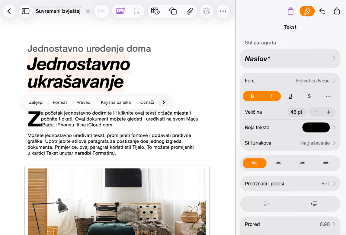 Dokument aplikacije Pages otvoren s odabranim tekstm i otvorenim opcijama formatiranja.