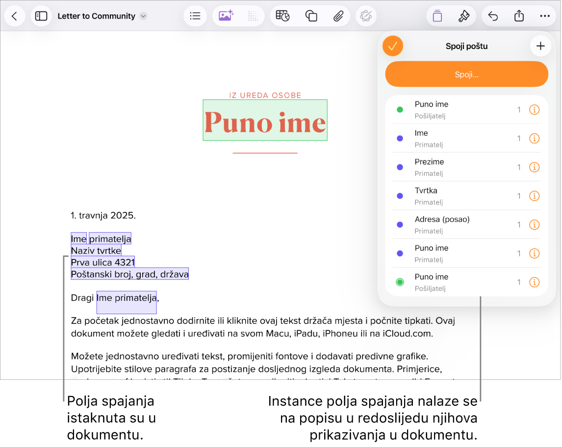 Dokument aplikacije Pages s poljima spajanja adrese primatelja označavajući tekst držača mjesta koji će biti zamijenjen te instance polja spajanja popisane u izborniku Spajanje pošte.