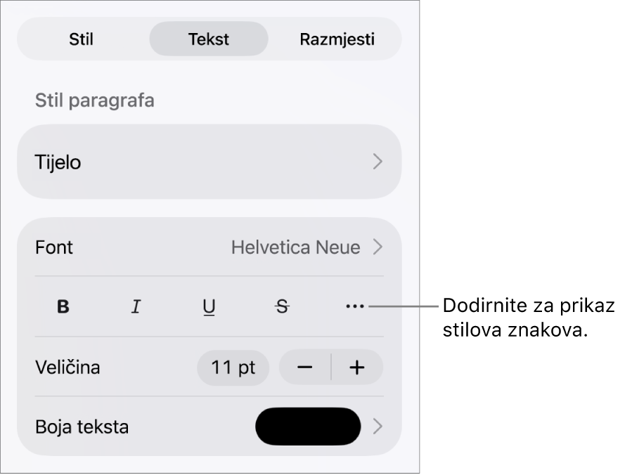 Kontrole opcije Formatiraj sa stilovima paragrafa pri vrhu, zatim kontrole Fonta. Ispod su tipke opcija teksta Podebljano, Kurziv, Podcrtavanje, Precrtavanje i Više.