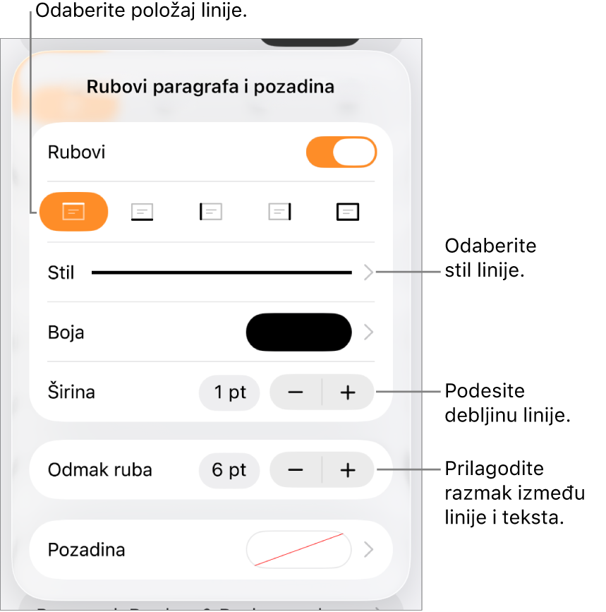 Kontrole za promjenu stila, debljine, položaja i boje linije.