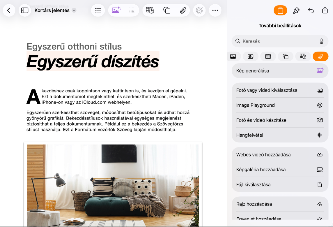 Egy megnyitott Pages-dokumentum a Beszúrás és a Média menüvel.