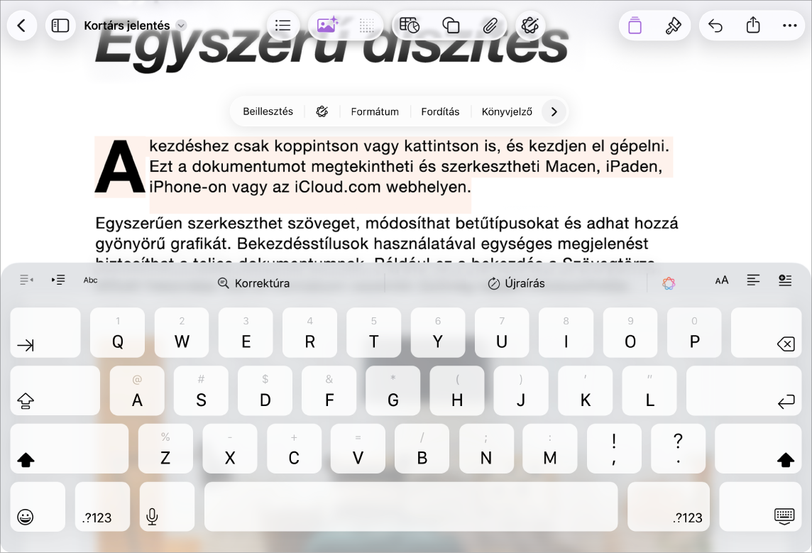 Egy megnyitott Pages-dokumentum kijelölt helyőrző szöveggel.