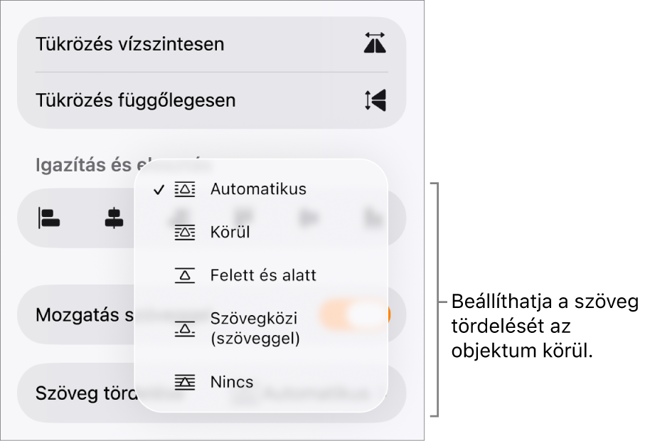 A formázásvezérlők a kijelölt Elrendezés lappal. Alatta a Szövegtördelés vezérlők láthatók a következőkkel: Mozgatás hátra/előre, Mozgatás szöveggel és Szöveg tördelése.