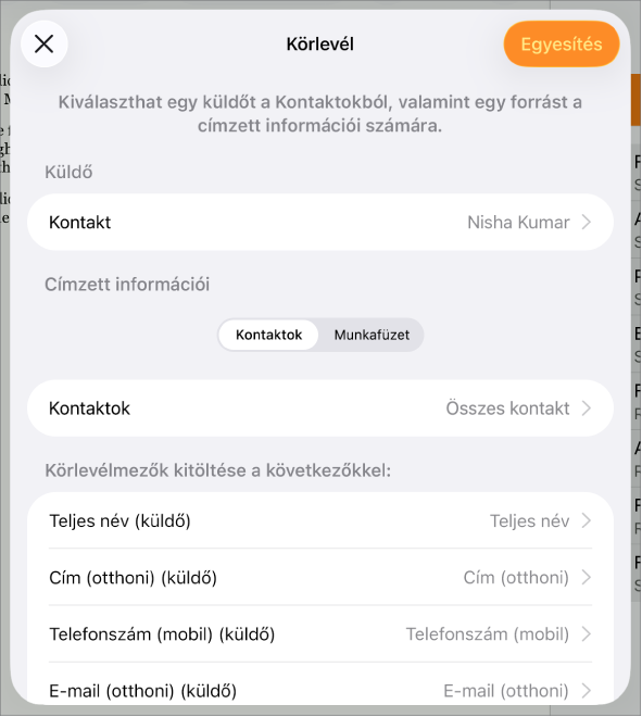 A megnyitott Körlevél panel a feladóinformációk kiválasztására, a forrásfájl vagy -táblázat módosítására, a körlevélmezőnevek előnézetére és a dokumentum egyesítésére szolgáló lehetőségekkel.
