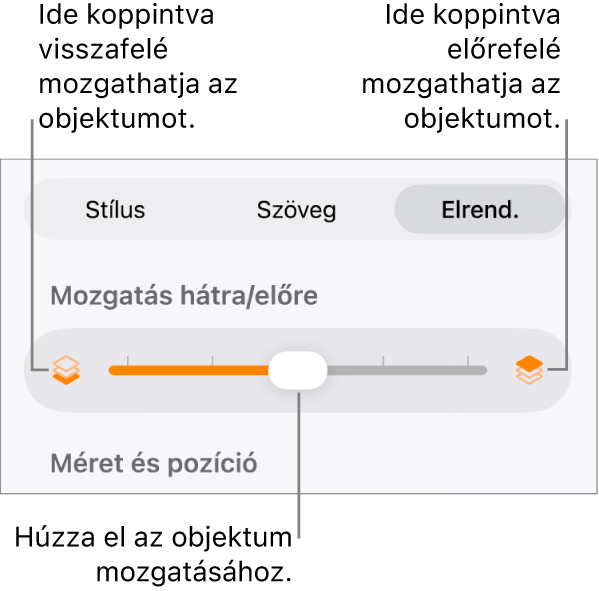 Visszafelé mozgatás gomb, Mozgatás előre gomb és a rétegezés csúszka.