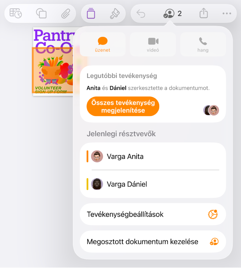 Az együttműködés menü, amelyben a dokumentumon együttműködő személyek nevei láthatók.