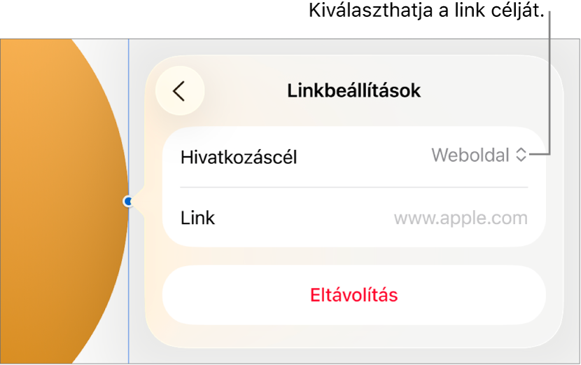 A Linkbeállítások vezérlői a kijelölt Weboldal elemmel, illetve az alul megjelenő Eltávolítás gombbal.