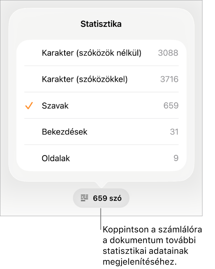A szószám egy menüvel, amelyben megtekintheti a karakterek számát (szóközökkel és anélkül), a szószámot, a bekezdések számát és az oldalak számát.