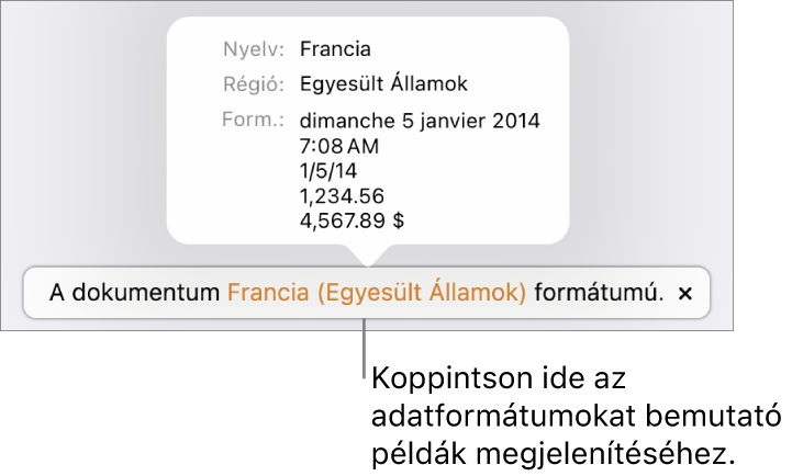 Értesítés az eltérő nyelvi és regionális beállításokról, és látható néhány példa az adott nyelvre és régióra jellemző formátumokra.