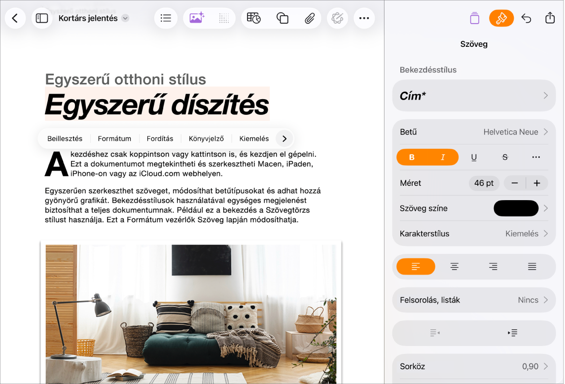 Egy megnyitott Pages-dokumentum kijelölt szöveggel és a megnyitott szövegformázási beállításokkal.