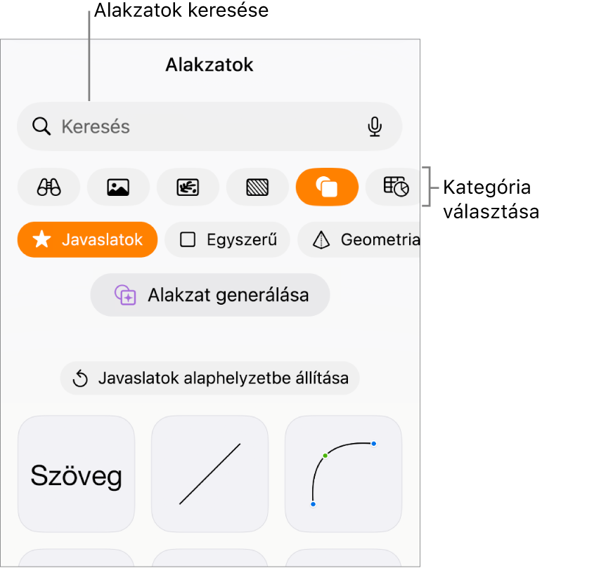 Az alakzatok könyvtára, amelynek tetején a kategóriák láthatók, alul pedig az alakzatok. A képernyő tetején lévő keresés mezőben alakzatokat kereshet, legyintéssel pedig további alakzatokat tekinthet meg.
