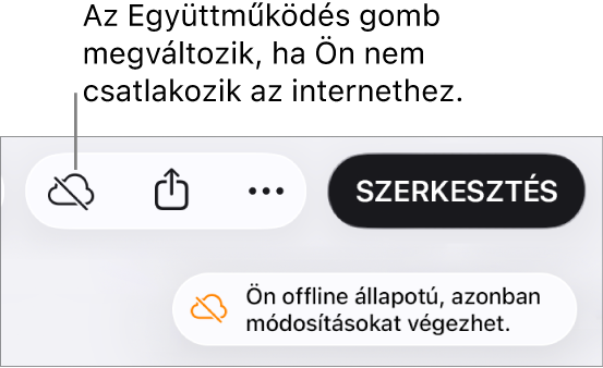 Figyelmeztetés a képernyőn: „Offline módban van, de folytathatja a szerkesztést”.