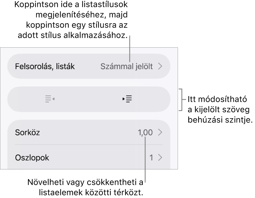 A Formátum vezérlők Felsorolások és listák része, a Felsorolásokat és a listákat, a kihúzás és a behúzás gombokat, valamint a sor térköz vezérlőket jelölő feliratokkal.