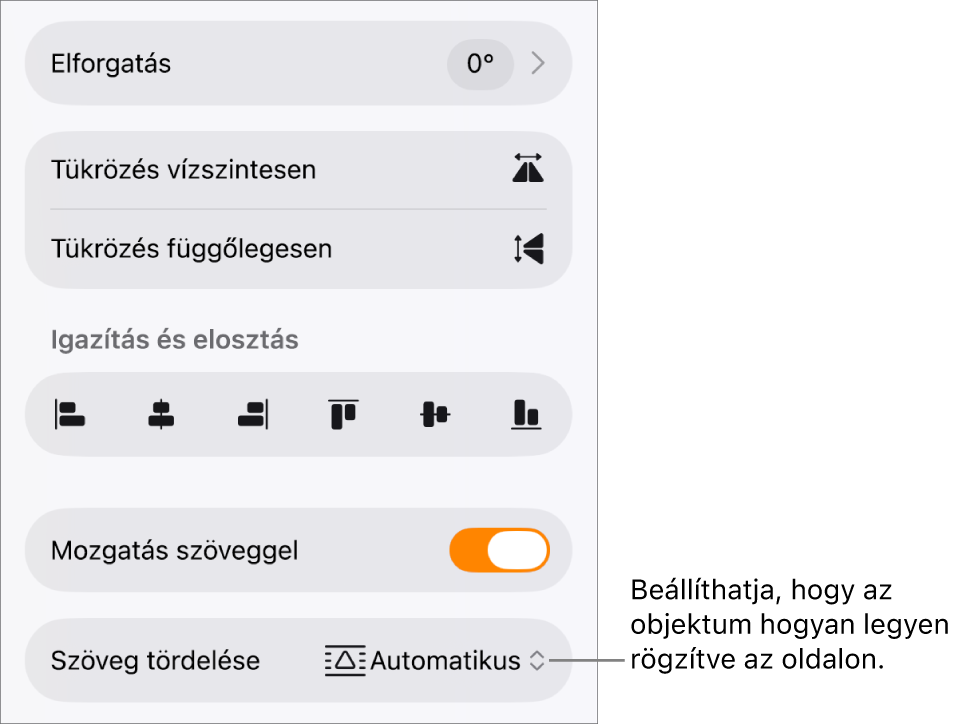 A formázásvezérlők a kijelölt Elrendezés lappal és a következőkkel: Mozgatás hátra/előre, Mozgatás szöveggel és Szöveg tördelése.