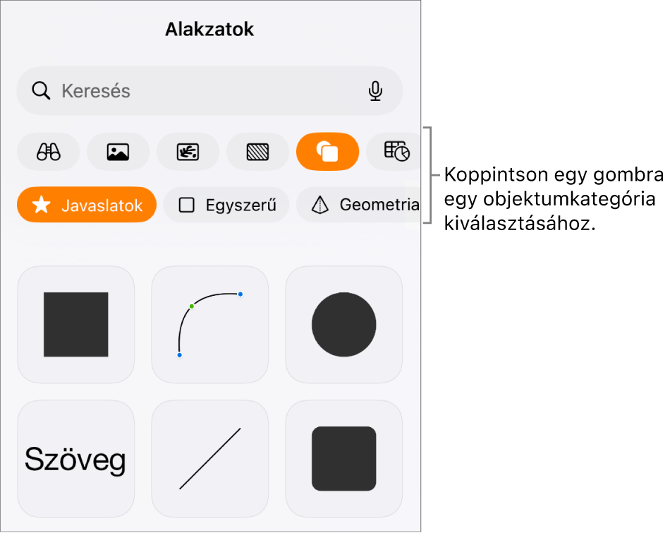 Az objektumok hozzáadására szolgáló vezérlők, felül a táblázatok, diagramok, alakzatok (vonalak és szövegmezők), valamint médiatartalmak kiválasztásához szükséges gombokkal.