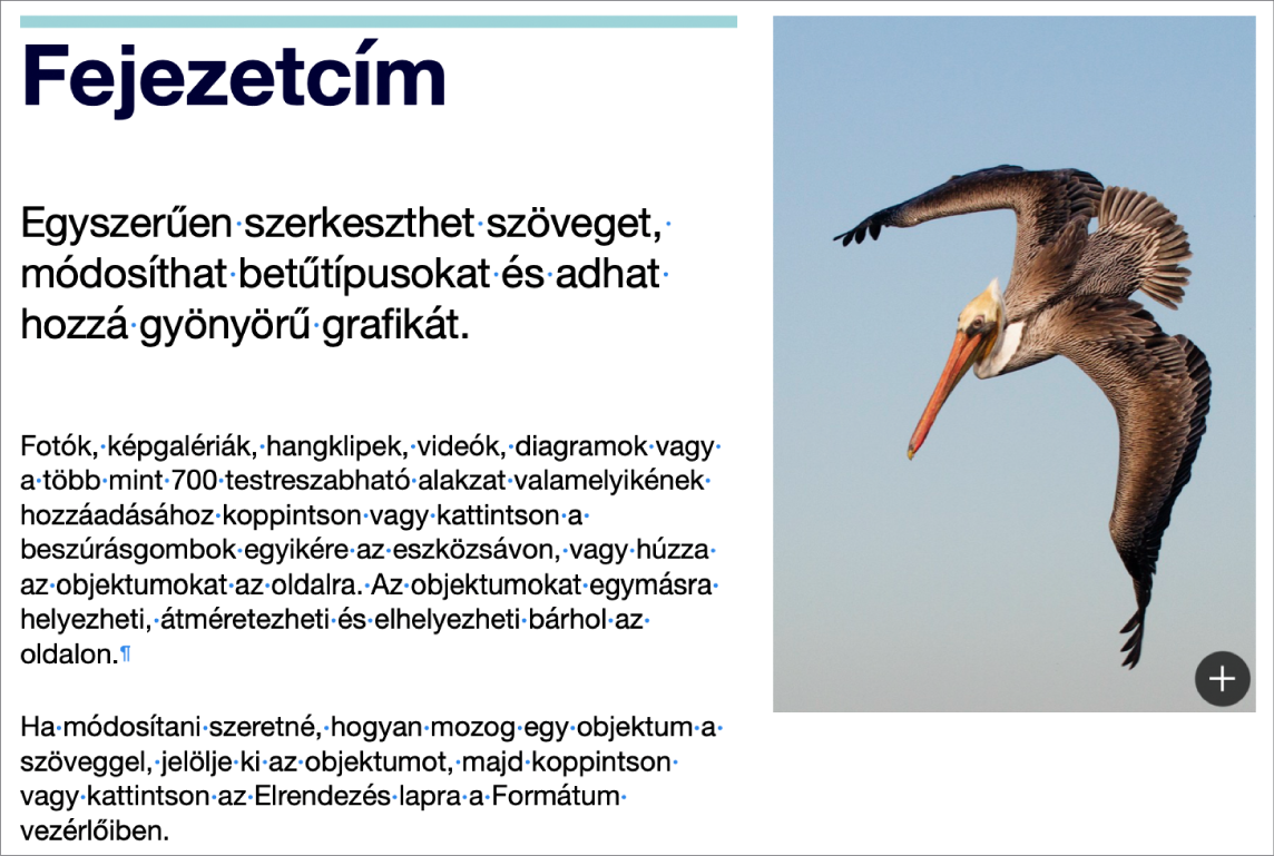 Szöveg a bekezdéstörés és szakasztörés szimbólumaival.