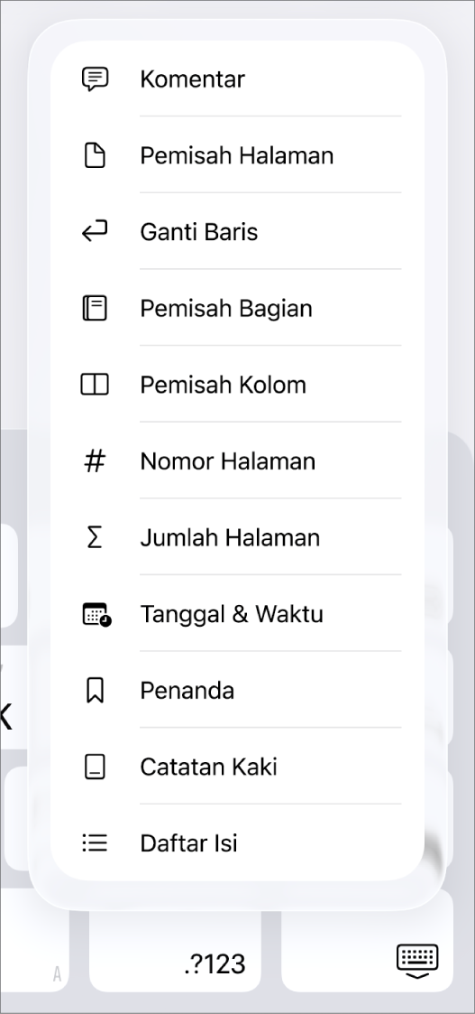 Bar pintasan dengan kontrol Sisipkan dibuka di atas tombol Sisipkan.