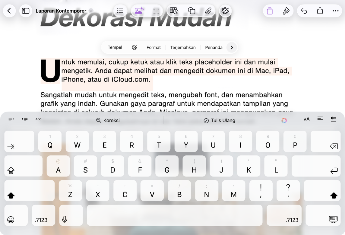 Dokumen Pages terbuka dengan teks pengganti yang dipilih.