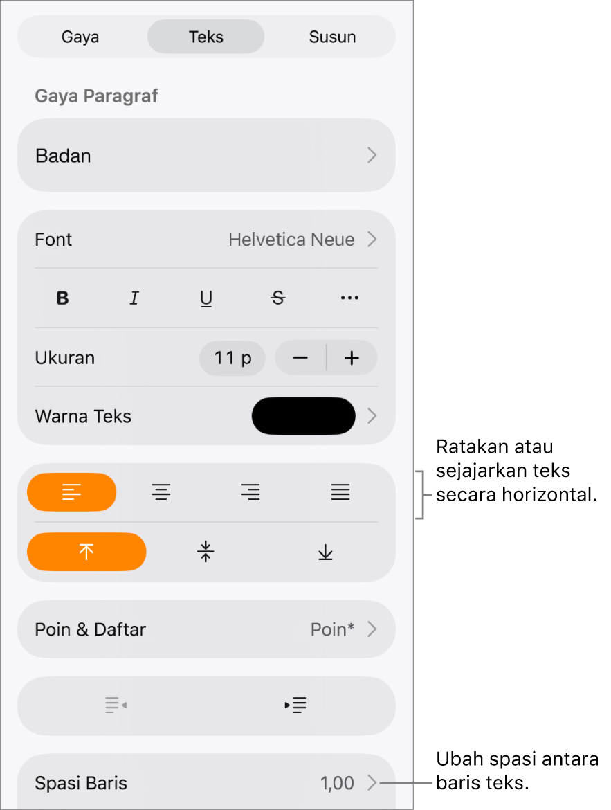 Tombol kontrol Format dengan tab Teks dipilih dan keterangan ke tombol perataan teks dan item menu Spasi Baris.