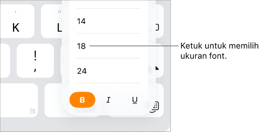 Tombol Ukuran Font di sisi kanan papan ketik iPad dengan menu Ukuran Font terbuka. Ukuran font standar pemerintah Tiongkok daratan muncul di bagian atas menu dengan ukuran poin di bawah.