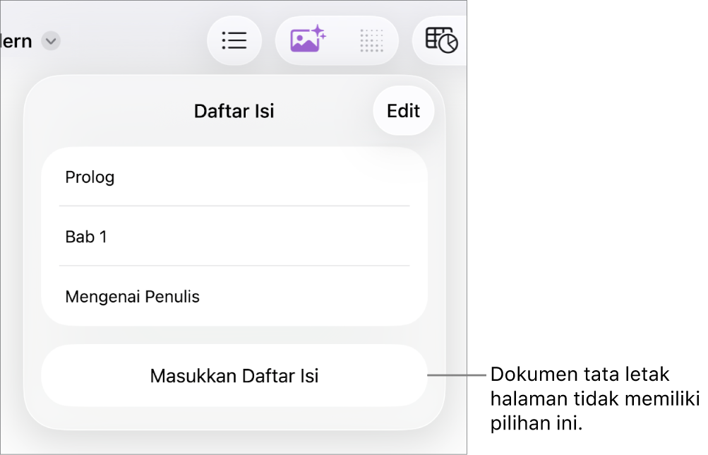 Tampilan daftar isi dengan Edit di pojok kanan atas, entri TOC, dan tombol Sisipkan Daftar Isi di bagian bawah.