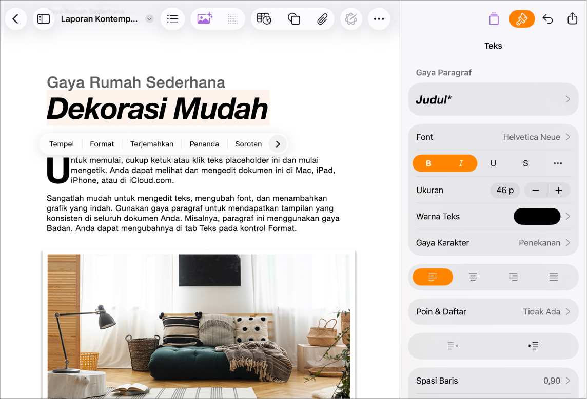 Dokumen Pages terbuka dengan teks yang dipilih dan pilihan pemformatan teks terbuka.