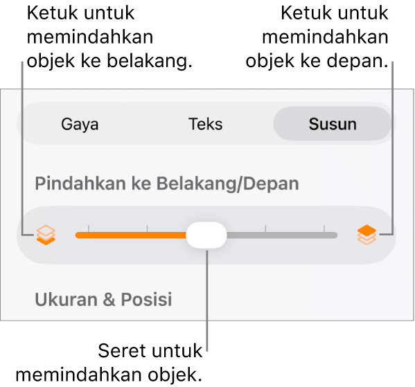 Tombol Pindahkan ke Belakang, tombol Pindahkan ke Depan, dan penggeser lapisan.