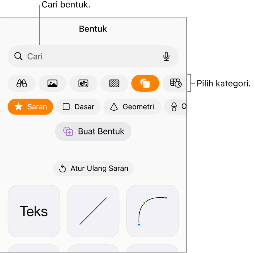 Perpustakaan bentuk, dengan kategori di bagian atas dan bentuk ditampilkan di bawah. Anda dapat menggunakan bidang pencarian di bagian atas untuk menemukan bentuk dan menggesek untuk melihat lainnya.