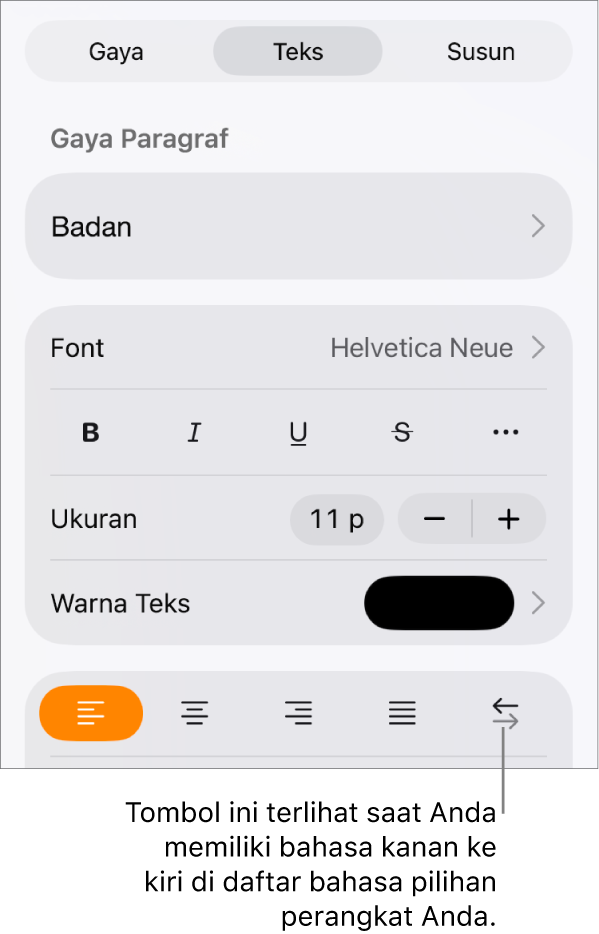 Kontrol teks di menu Format dengan keterangan yang menunjuk ke tombol Kanan ke Kiri.