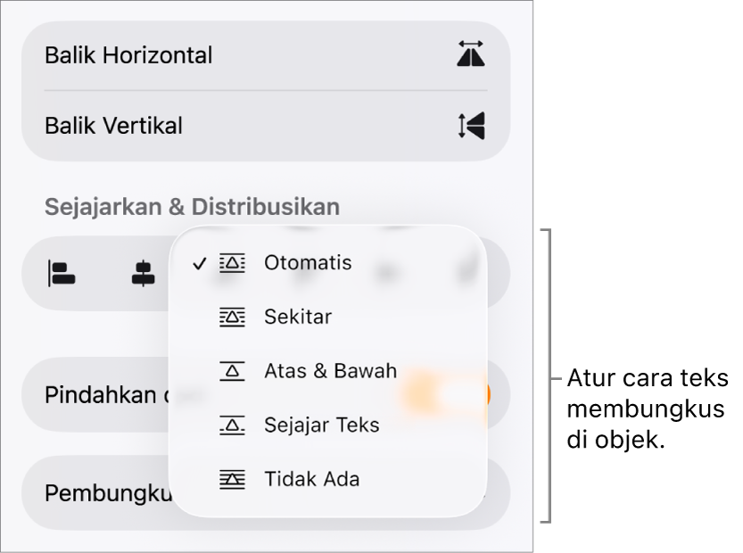 Kontrol Format dengan tab Susun dipilih. Di bawahnya terdapat kontrol Pembungkusan Teks dengan Pindahkan ke Belakang/Depan, Pindahkan dengan Teks, dan Pembungkusan Teks.