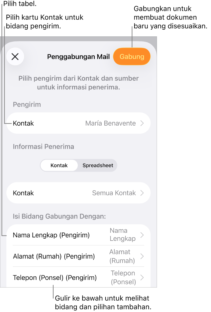 Panel Penggabungan Mail dibuka, dengan pilihan untuk memilih informasi pengirim, mengubah file atau tabel sumber, mempratinjau nama bidang gabungan atau catatan terpisah, atau menggabungkan dokumen.