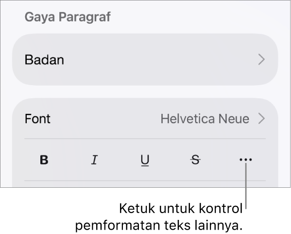 Tab teks pada kontrol Format, dengan keterangan ke tombol Pilihan Teks Lainnya.