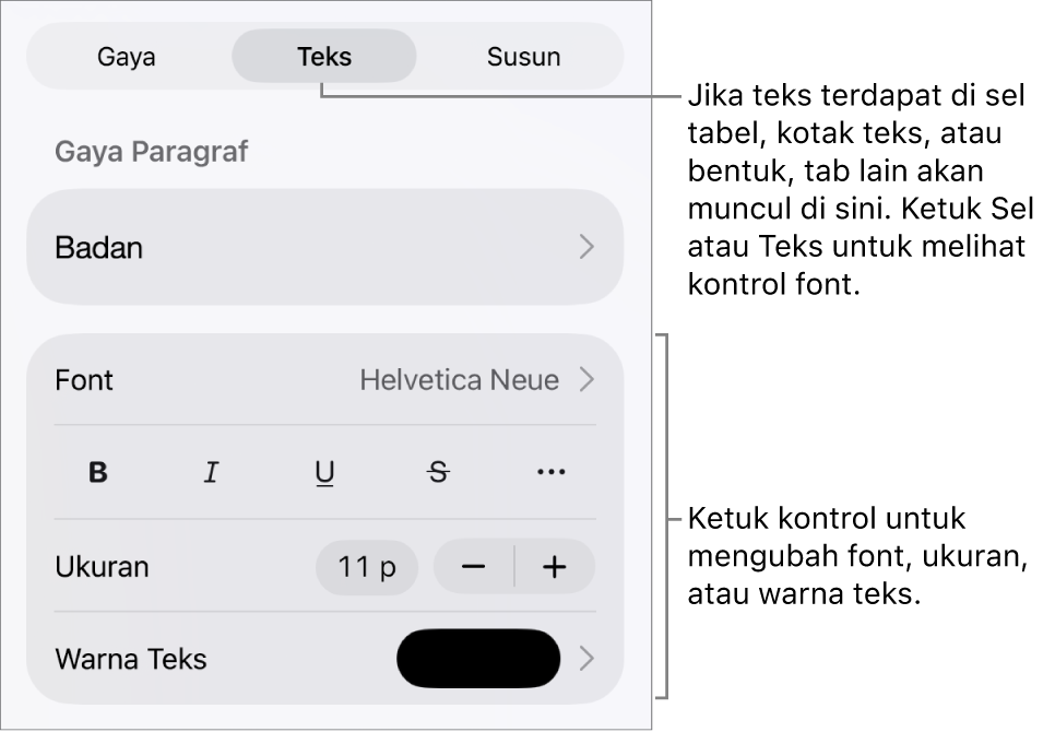 Kontrol teks di menu Format untuk mengatur paragraf dan gaya karakter, font, ukuran, dan warna.