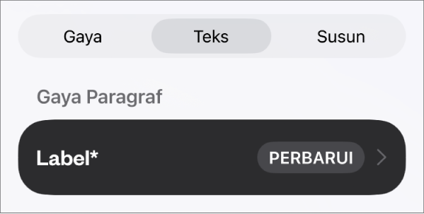 Gaya Badan paragraf dengan asterisk di sampingnya dan tombol Perbarui di sebelah kanan.