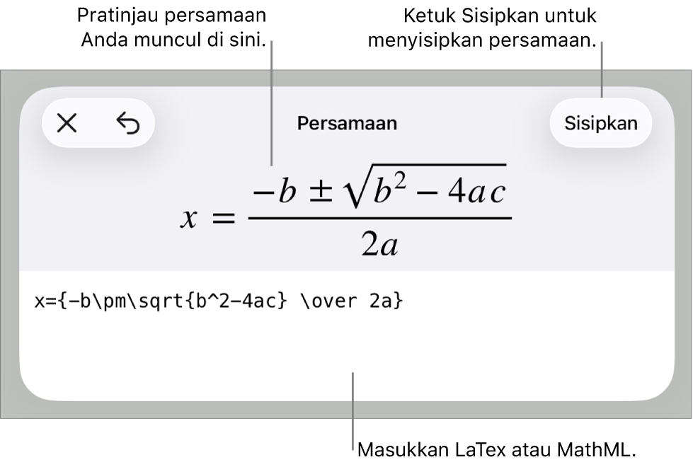 Dialog Persamaan, menampilkan sebuah persamaan ditulis menggunakan perintah MathML, dan pratinjau formula di atas.