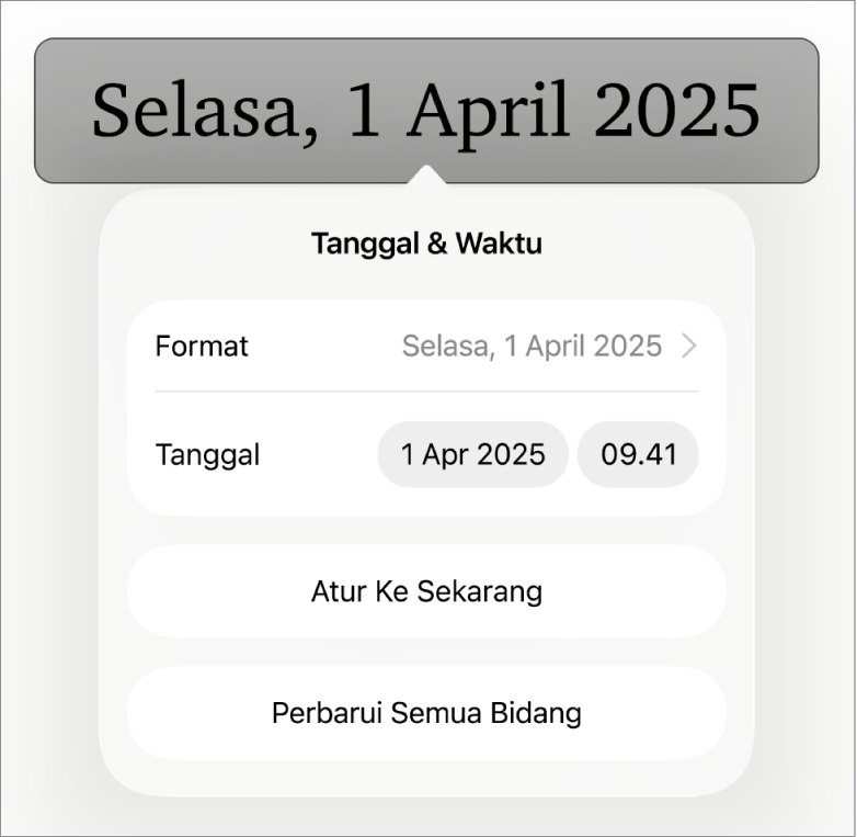 Kontrol Tanggal & Waktu menampilkan menu pop-up untuk Format tanggal, dan tombol Atur ke Sekarang serta Perbarui Semua Bidang.
